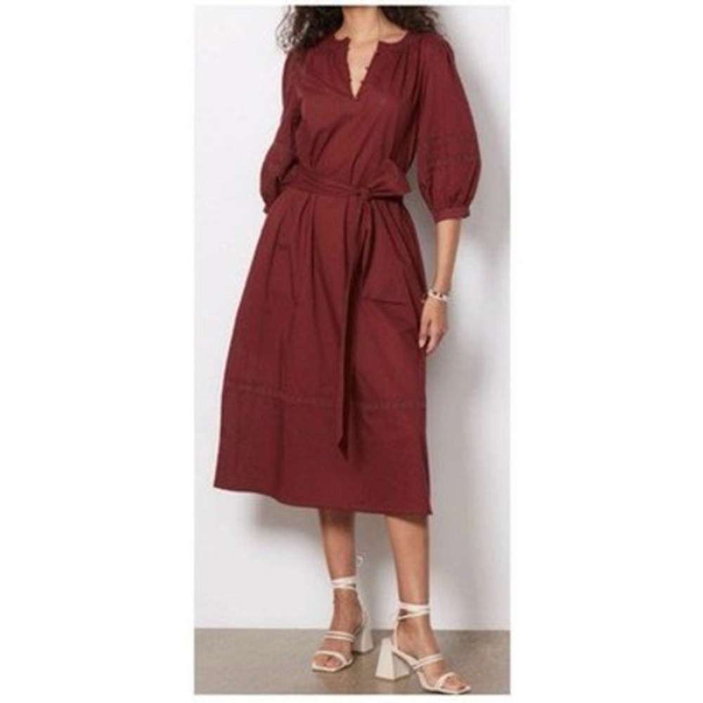Evereve Midi Dress Women Medium Burgundy Cotton Eyelet Lace Tie Waist Split Neck